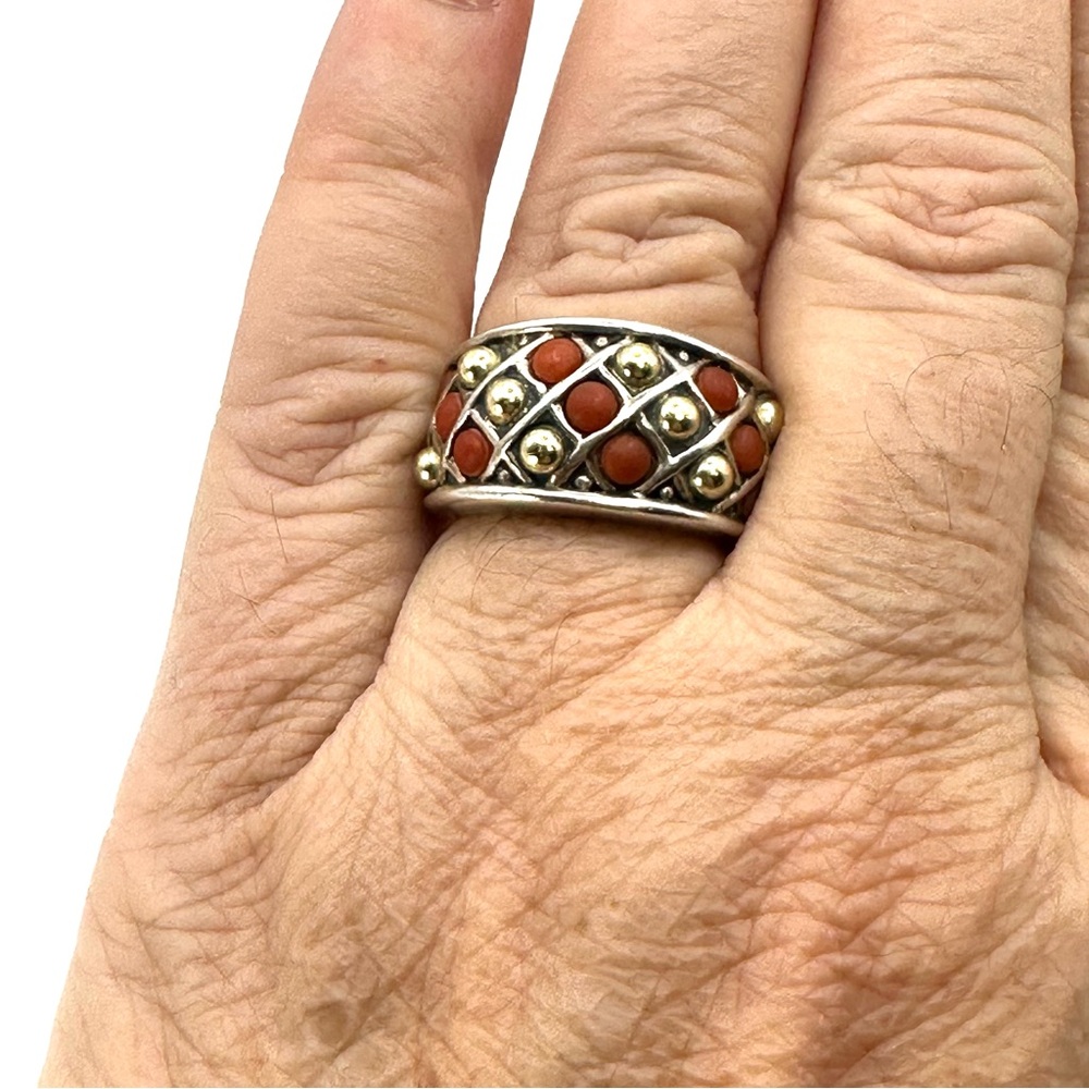 Lagos Caviar Coral Sterling Silver 18 Kt Gold Ring Size 7 RARE - Picture 7 of 9